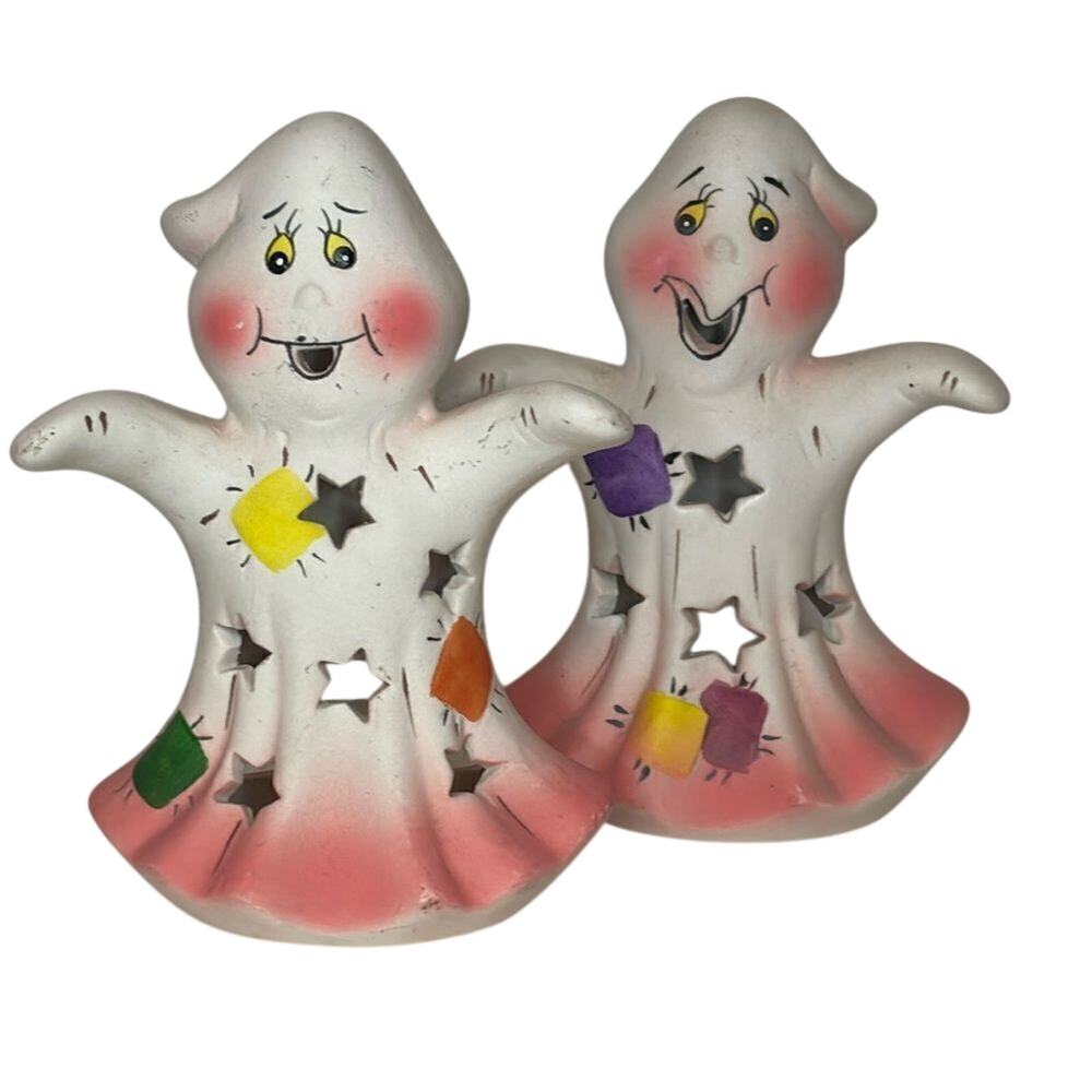 Set of 2 Ceramic Ghost Tealight Candle Holders Halloween Decor Ceramic World